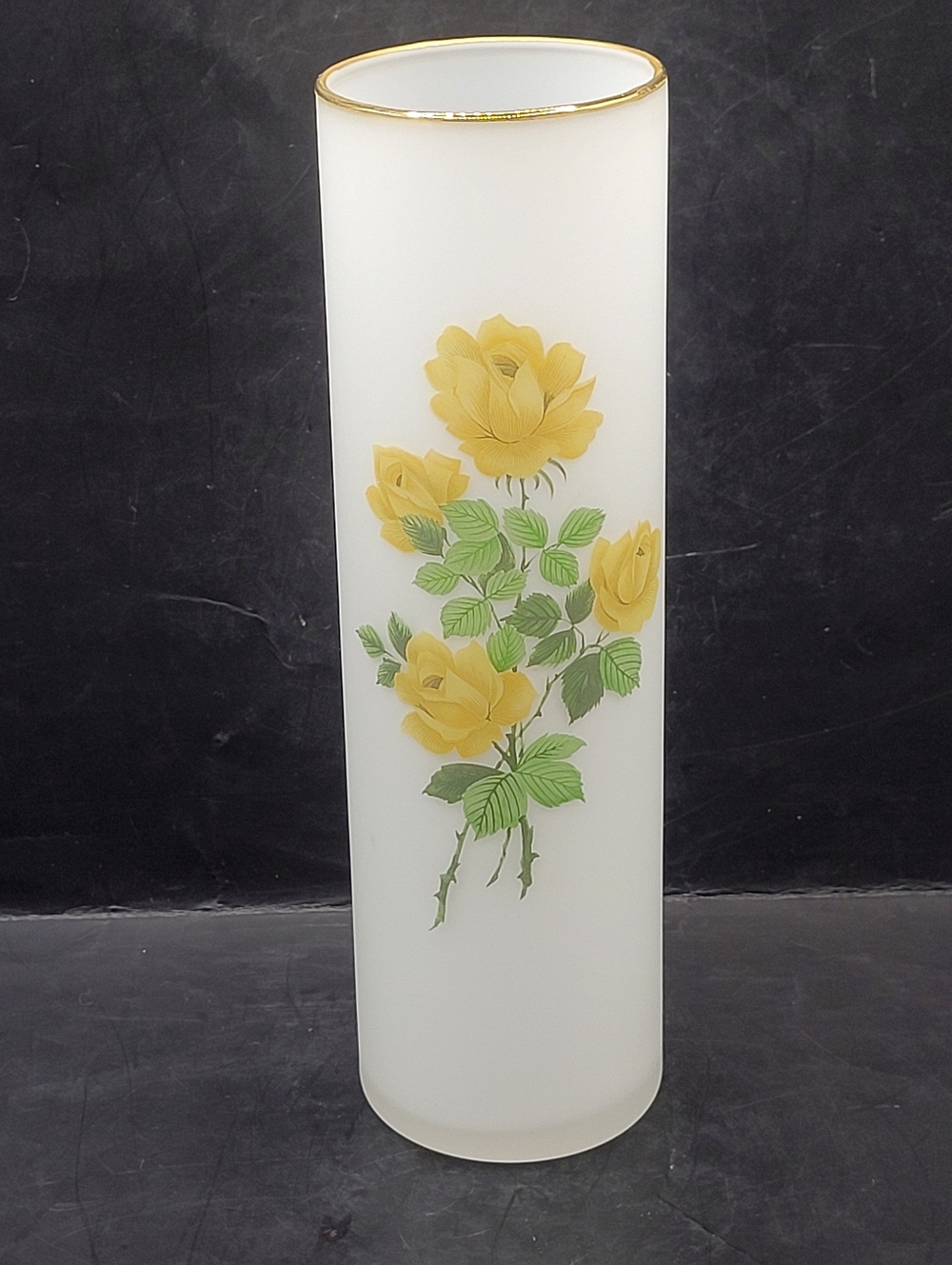 Vintage Napcoware Satin Glass Vase Yellow Roses Gold Rim 8” Tall Cylinder